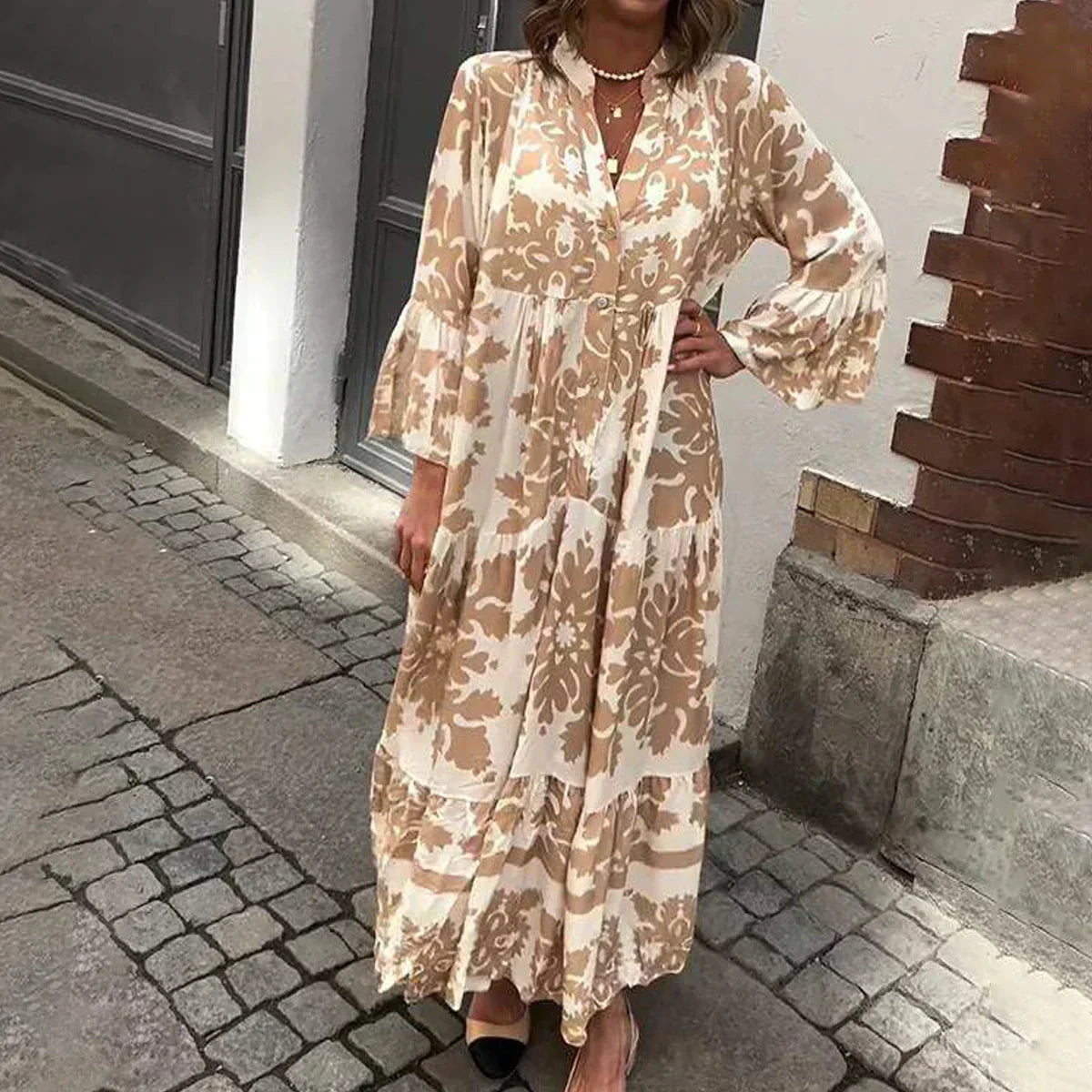 Baroque Print Lantern Sleeve Button Down Tiered Boho Maxi Dress
