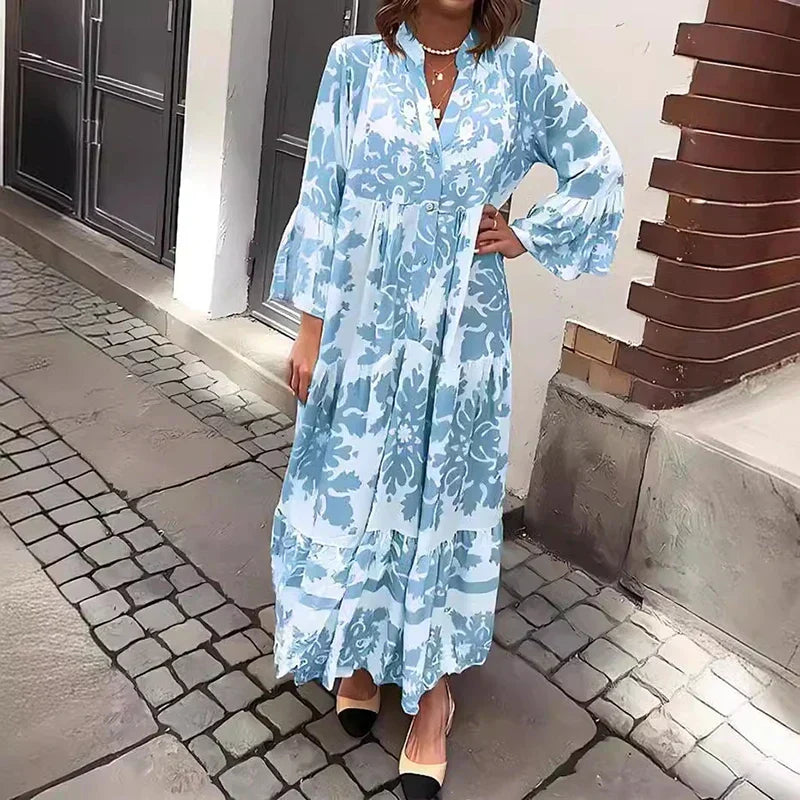 Baroque Print Lantern Sleeve Button Down Tiered Boho Maxi Dress