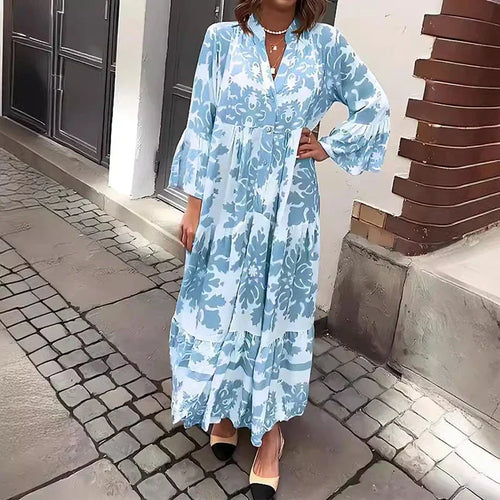 Baroque Print Lantern Sleeve Button Down Tiered Boho Maxi Dress