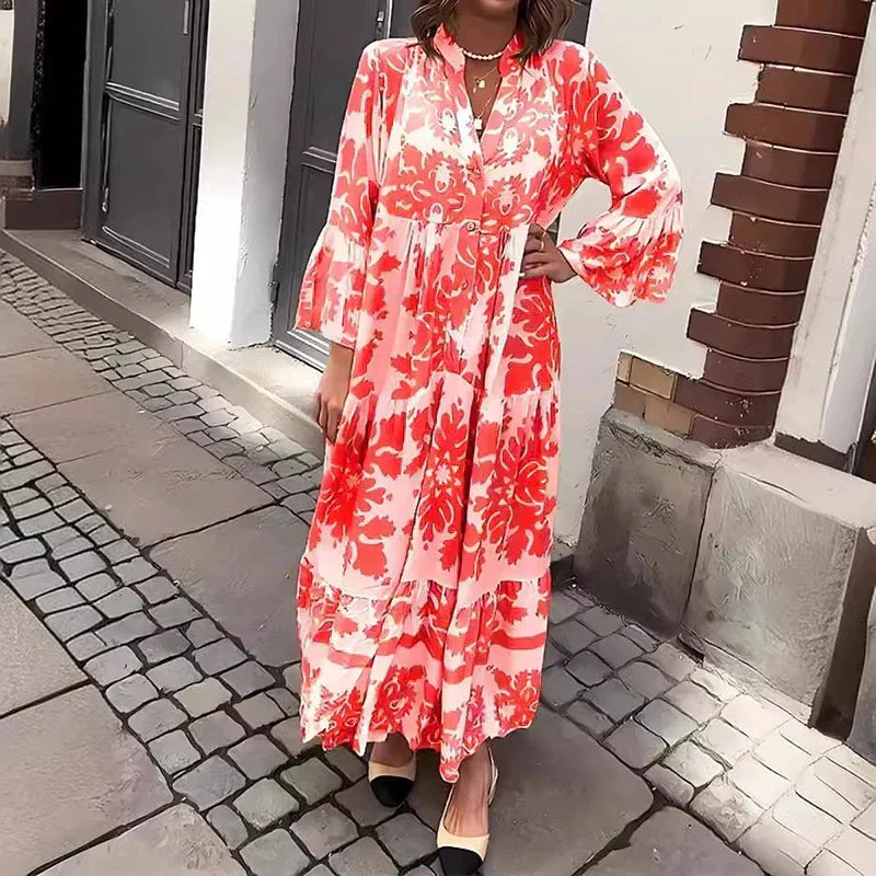 Baroque Print Lantern Sleeve Button Down Tiered Boho Maxi Dress