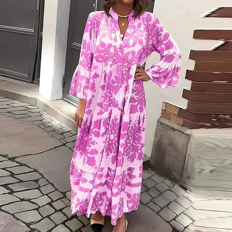 Baroque Print Lantern Sleeve Button Down Tiered Boho Maxi Dress