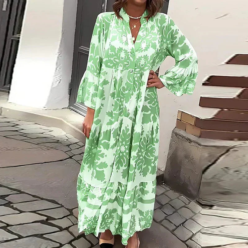 Baroque Print Lantern Sleeve Button Down Tiered Boho Maxi Dress