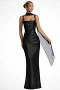 Satin Square Neck Ruched Bodycon Sheer Cape Detail Maxi Dress - Evening Gown