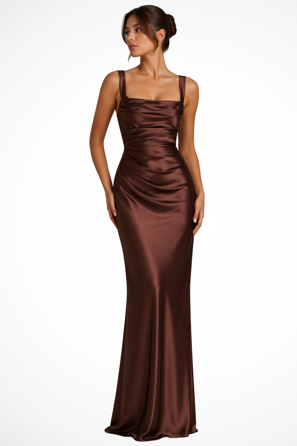 Satin Square Neck Ruched Bodycon Sheer Cape Detail Maxi Dress - Evening Gown