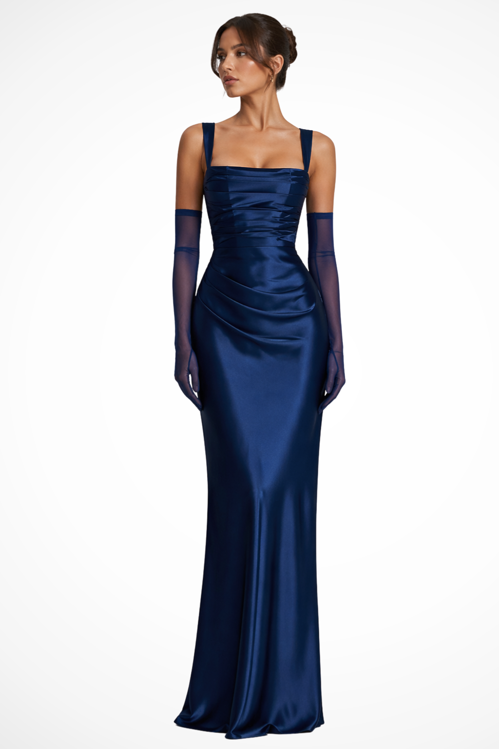 Satin Square Neck Ruched Bodycon Sheer Cape Detail Maxi Dress - Evening Gown