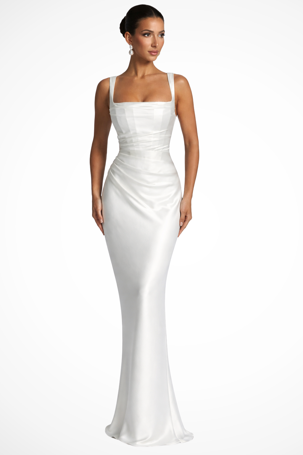 Satin Square Neck Ruched Bodycon Sheer Cape Detail Maxi Dress - Evening Gown
