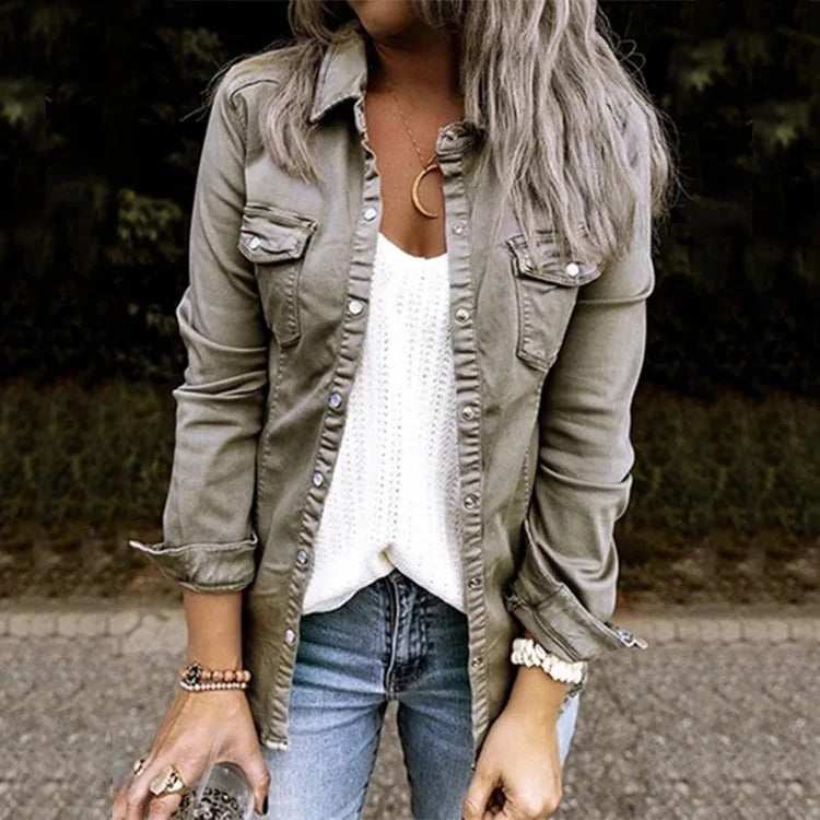 Button-Front Denim Shirt Jacket for Casual Layering