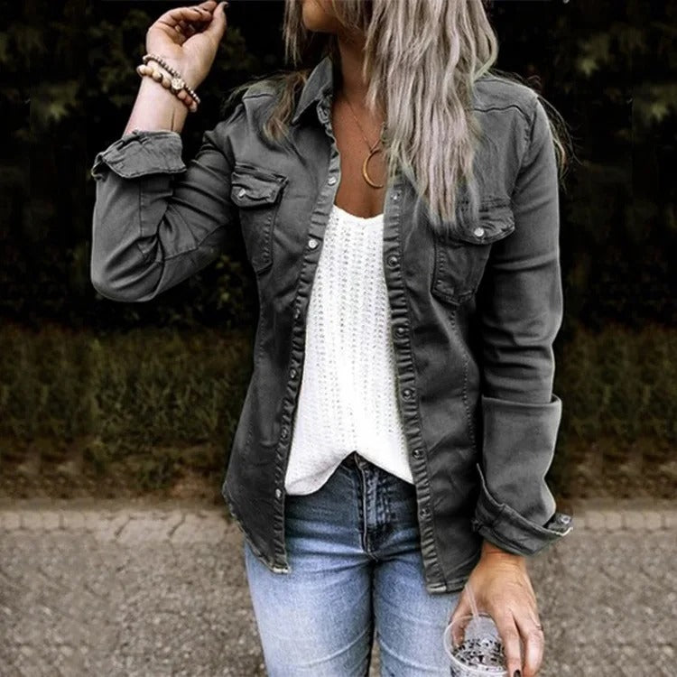 Button-Front Denim Shirt Jacket for Casual Layering