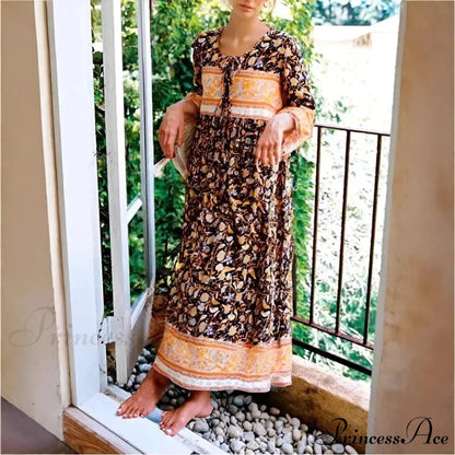 Various Flower Pattern Tie Neck Fringe Retro Free-Spirited Long Dress