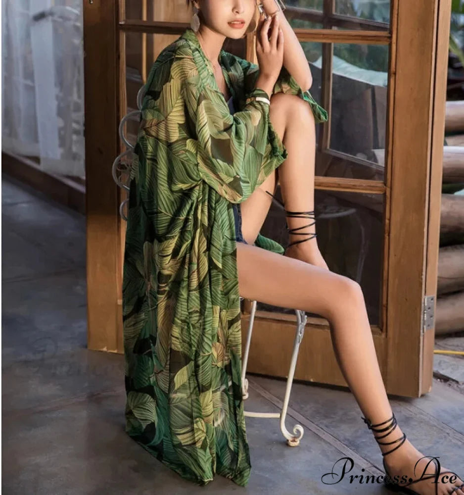 Verdant Flower Pattern Chiffon Bohemian Kimono Beach Cover up