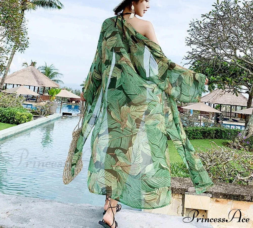 Verdant Flower Pattern Chiffon Bohemian Kimono Beach Cover up