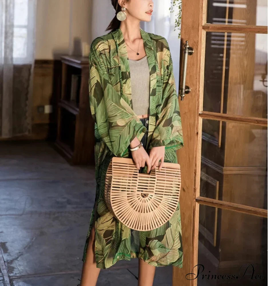 Verdant Flower Pattern Chiffon Bohemian Kimono Beach Cover up