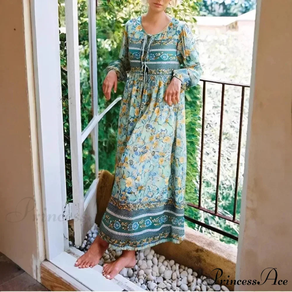 Verdant Flower Pattern Necktie Long Sleeve Rayon Summertime Maxi Bohemian Dress