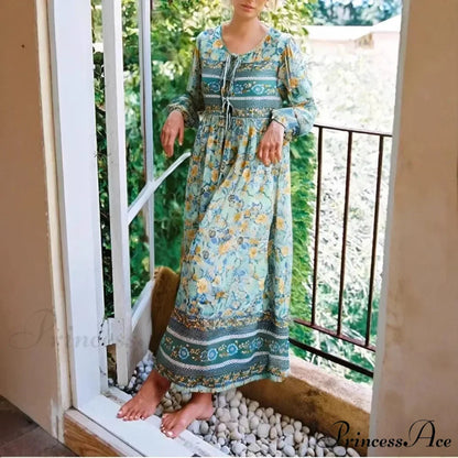 Verdant Flower Pattern Necktie Long Sleeve Rayon Summertime Maxi Bohemian Dress
