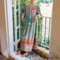 Verdant Flower Pattern Necktie Rayon Cotton Long Sleeve Ethnic Maxi Boho Dress