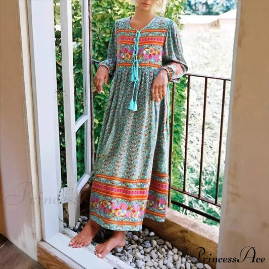 Verdant Flower Pattern Necktie Rayon Cotton Long Sleeve Ethnic Maxi Boho Dress