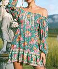 Verdant Flower Pattern Off-the-Shoulder Lengthy Sleeve Getaway Mini Bohemian Sun Dress