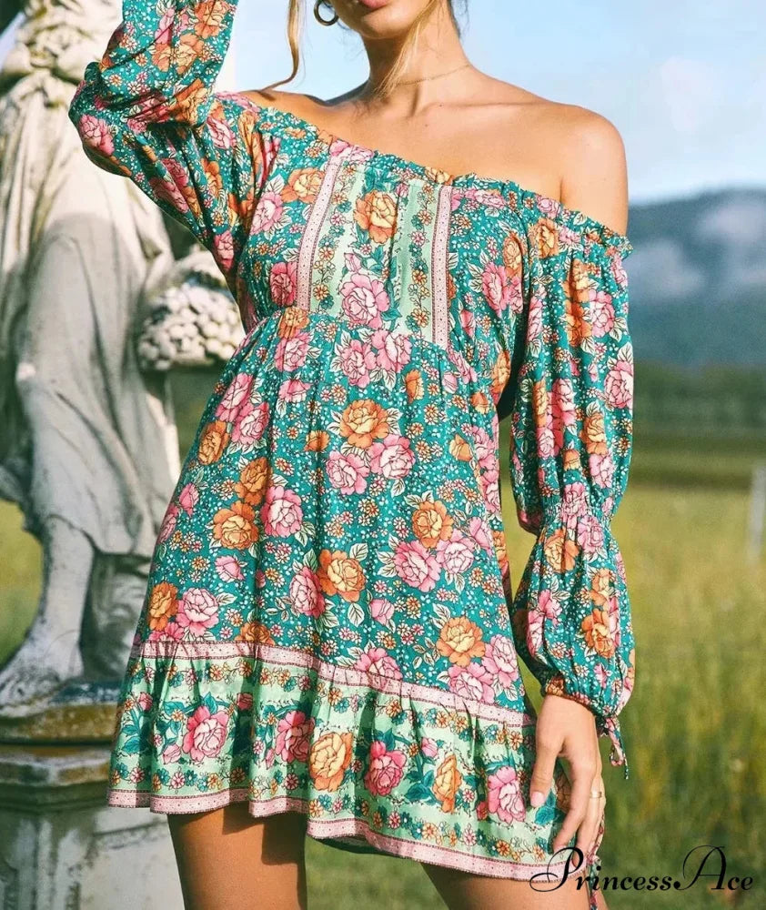 Verdant Flower Pattern Off-the-Shoulder Lengthy Sleeve Getaway Mini Bohemian Sun Dress