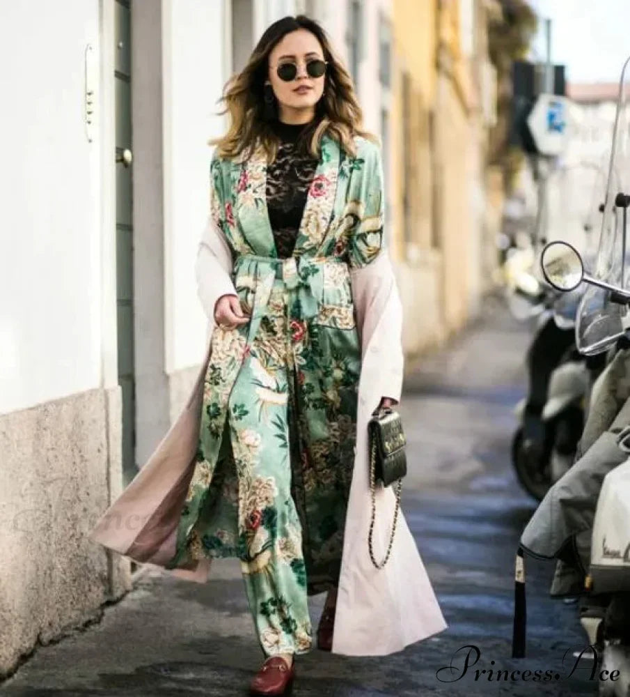 Verdant Flowery Silk Kimono Caftan Bohemian Swimsuit Cover up