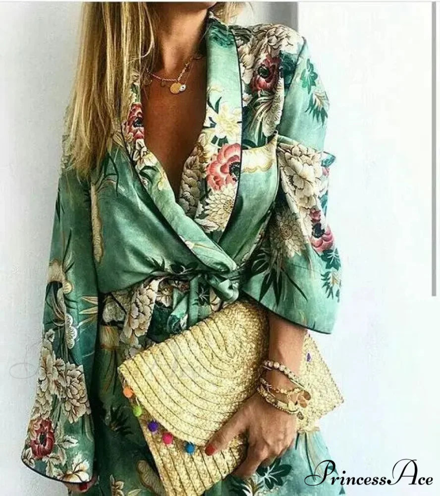 Verdant Flowery Silk Kimono Caftan Bohemian Swimsuit Cover up