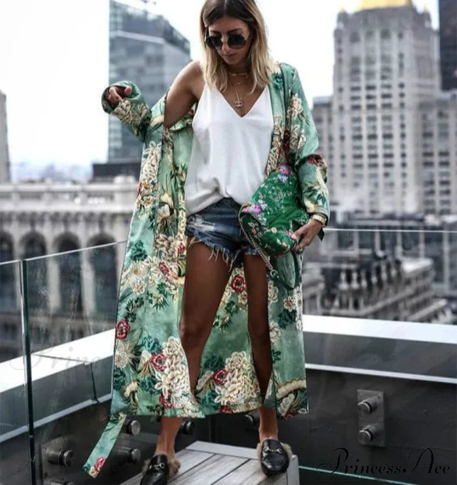 Verdant Flowery Silk Kimono Caftan Bohemian Swimsuit Cover up