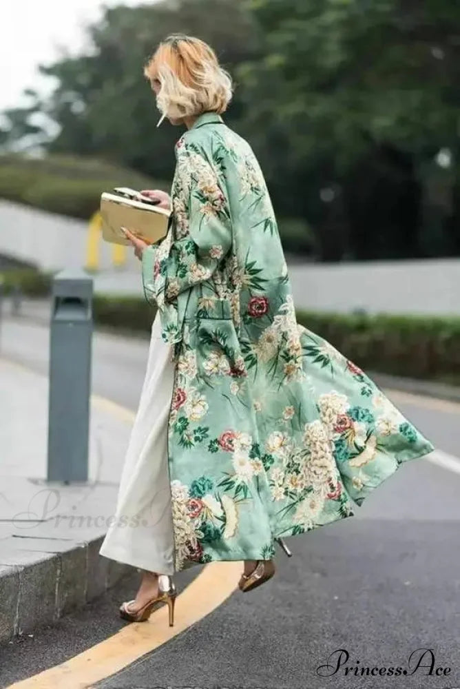 Verdant Flowery Silk Kimono Caftan Bohemian Swimsuit Cover up