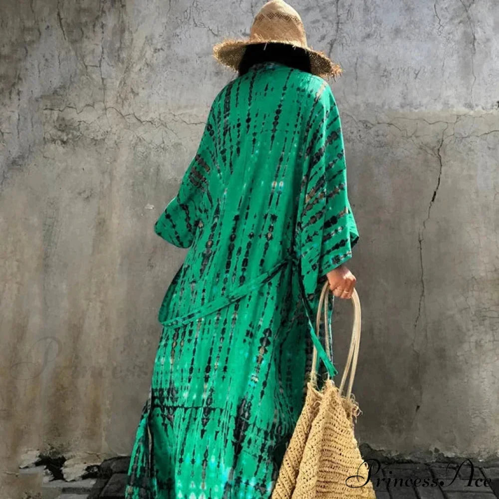 Verdant Patterned Satin Kimono Robe Bohemian Wrap