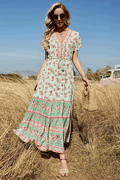 Floral Print V-neck Button Pleated Rayon Boho Dress