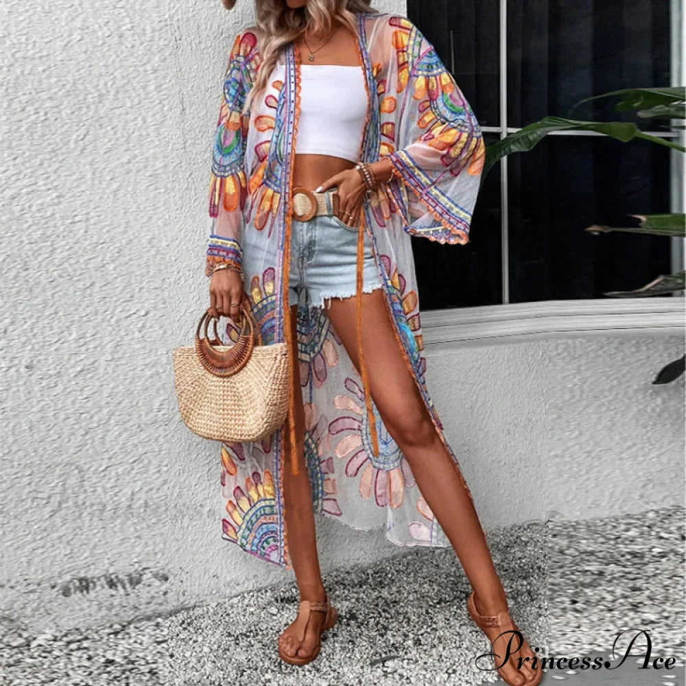 Vibrant Floral Stitching Boho Beach Cover-up Lace Bikini