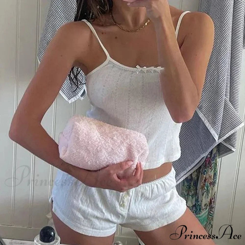Vintage Adorable Sleeveless Camis Crop Tops Low Rise Shorts Two Pieces Set