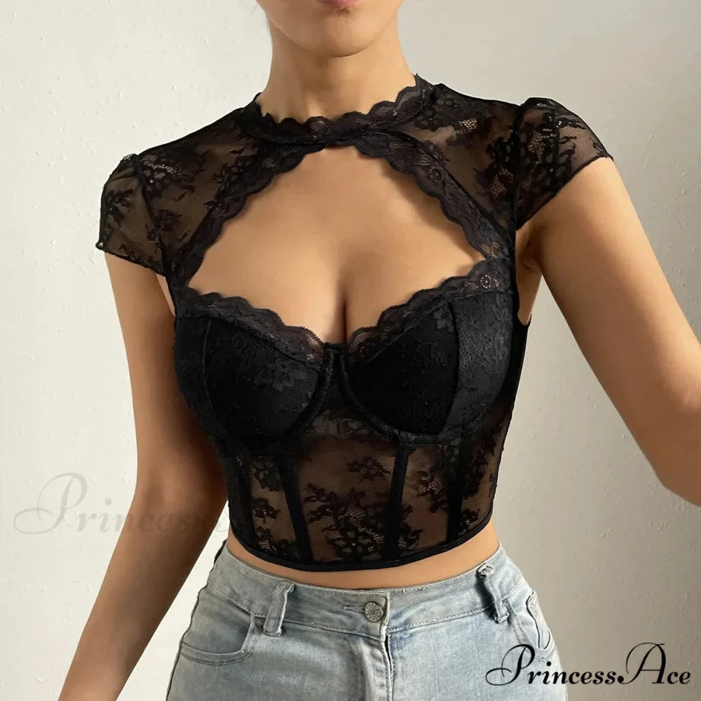 Vintage Blossom Lace Fishbone V-neck Crop Top