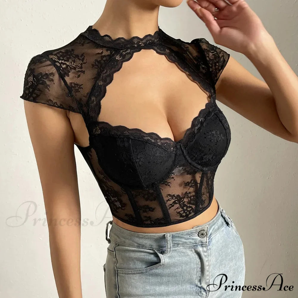Vintage Blossom Lace Fishbone V-neck Crop Top
