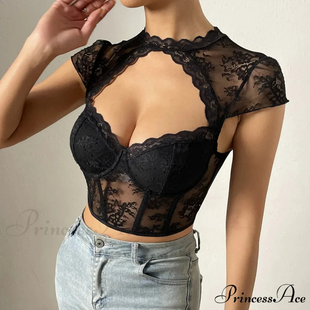 Vintage Blossom Lace Fishbone V-neck Crop Top
