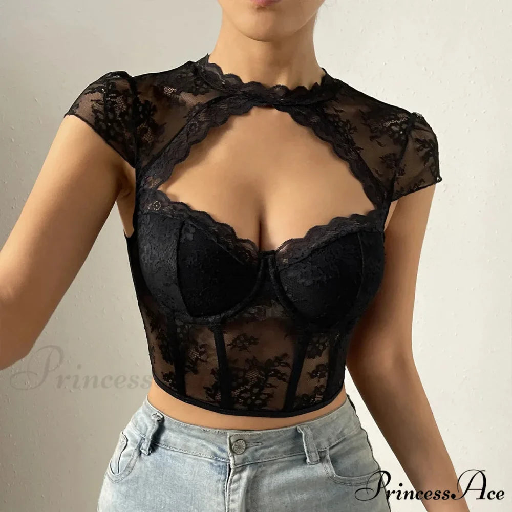 Vintage Blossom Lace Fishbone V-neck Crop Top