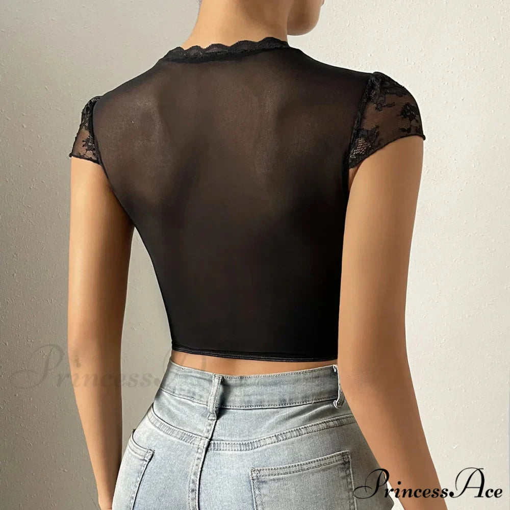 Vintage Blossom Lace Fishbone V-neck Crop Top