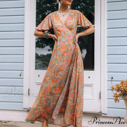 Vintage Cotton Rayon Orange Floral Print Summer Dress