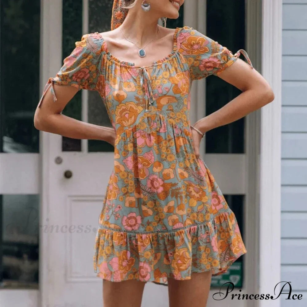 Vintage Cotton Rayon Orange Floral Print Summer Dress