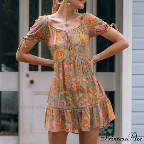 Vintage Cotton Rayon Orange Floral Print Summer Dress