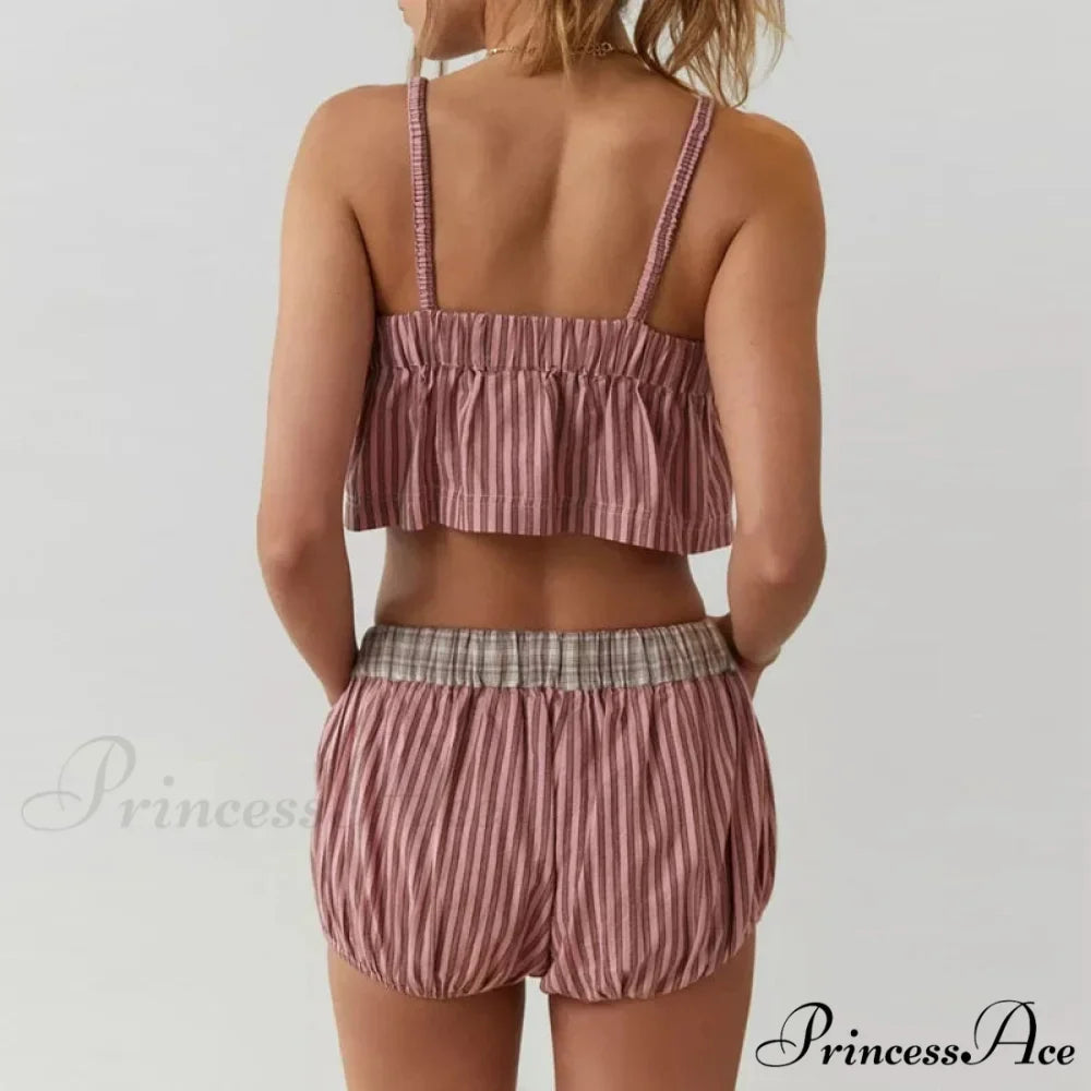 Vintage Cute Plaid Patchwork Camis Crop Top Shorts Two Pieces Set