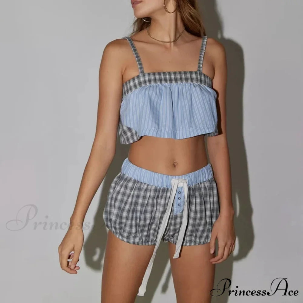 Vintage Cute Plaid Patchwork Camis Crop Top Shorts Two Pieces Set