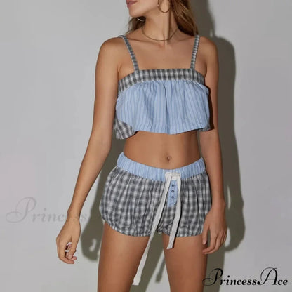 Vintage Cute Plaid Patchwork Camis Crop Top Shorts Two Pieces Set