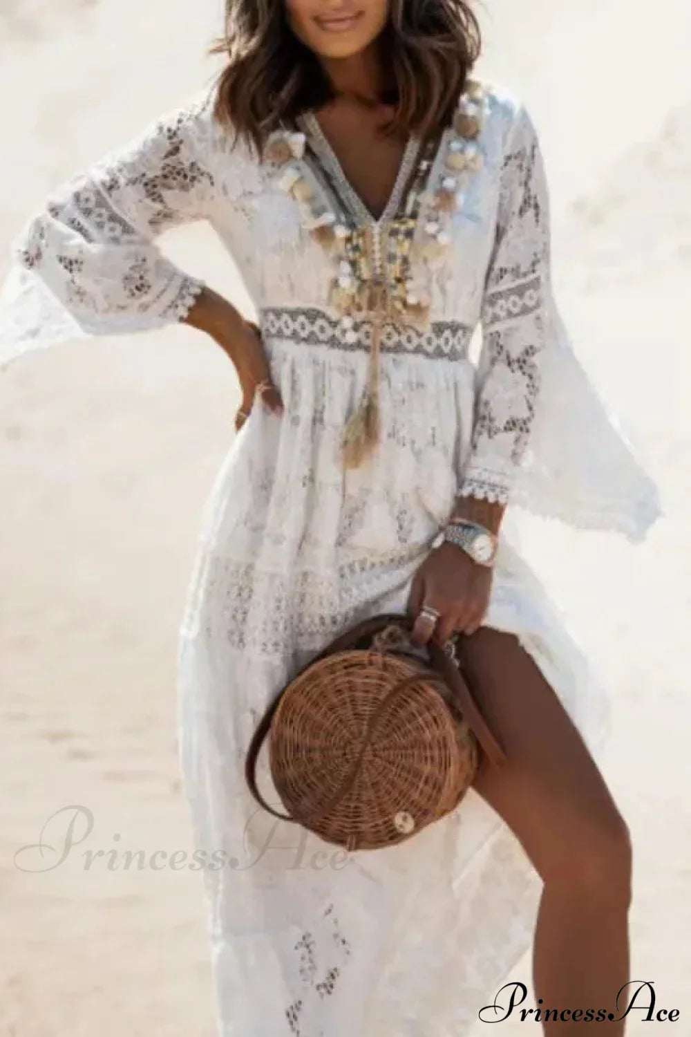 Vintage Embroidery Loose White Red Boho Dress