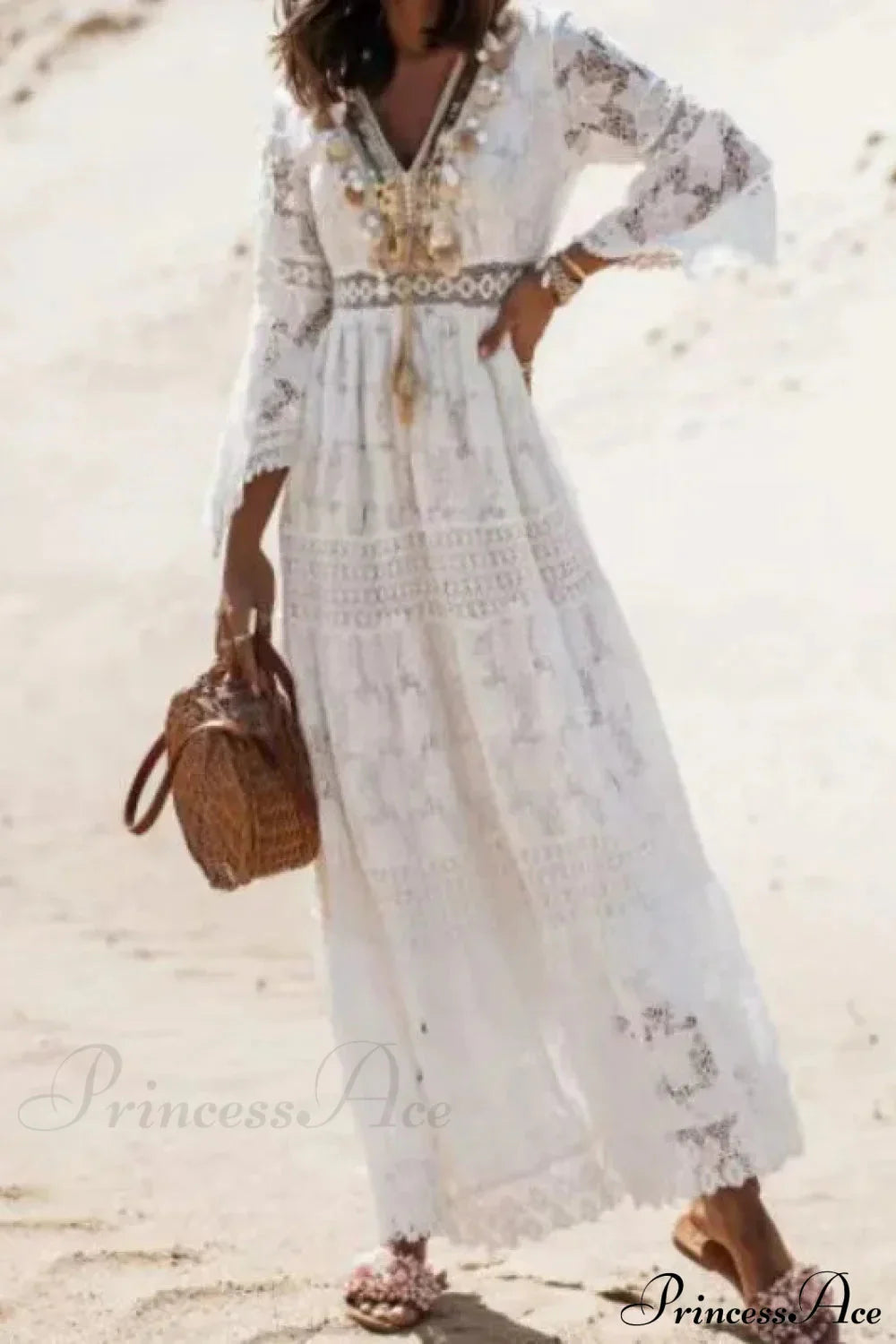 Vintage Embroidery Loose White Red Boho Dress