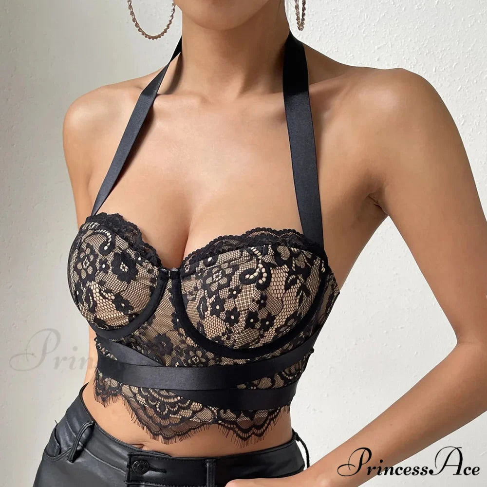 Vintage Empty Bandage Halter Lace Crop Top