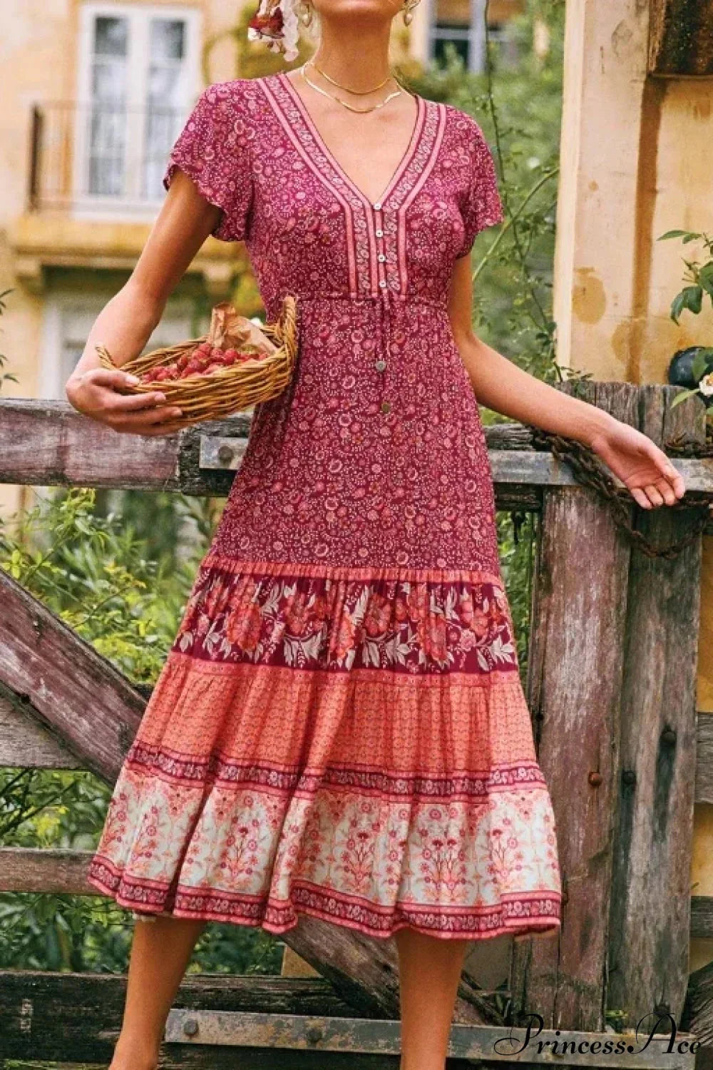 Vintage Floral Print Sashes Cross V-neck Maxi Boho Dress