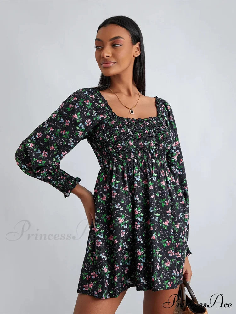 Vintage Flower Pattern Frilled Edge Square Neck Flared Short Flower Dress
