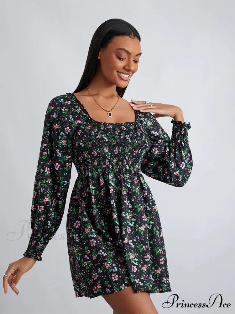 Vintage Flower Pattern Frilled Edge Square Neck Flared Short Flower Dress