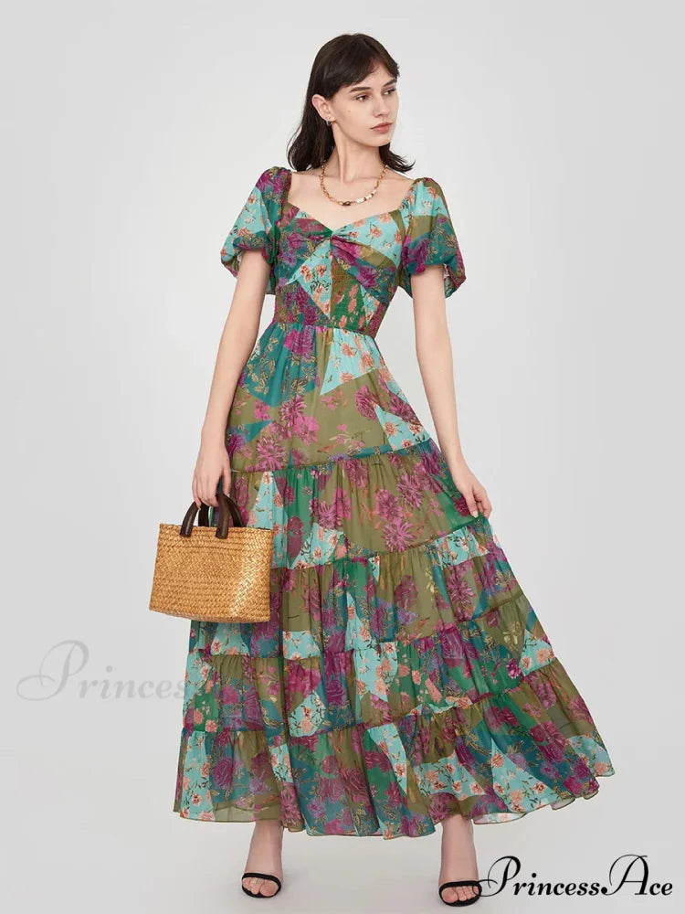 Vintage Flower Pattern Swing Puff Short Sleeve Sweetheart Neck A-Line Beach Dress