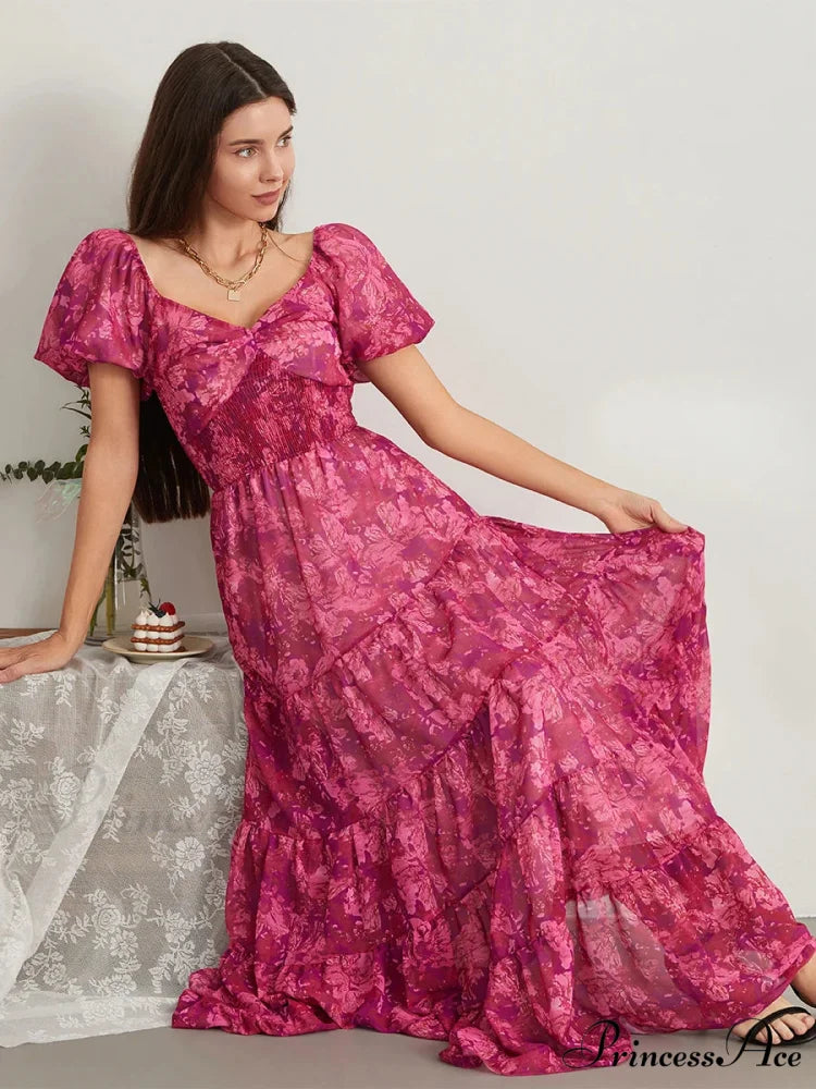 Vintage Flower Pattern Swing Puff Short Sleeve Sweetheart Neck A-Line Beach Dress
