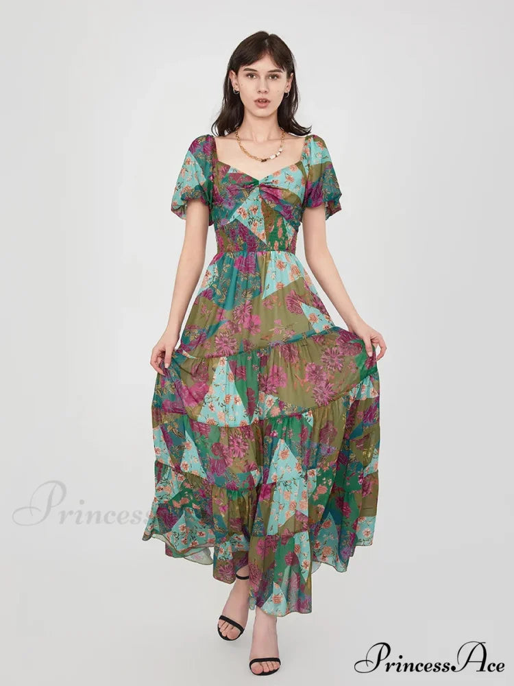 Vintage Flower Pattern Swing Puff Short Sleeve Sweetheart Neck A-Line Beach Dress